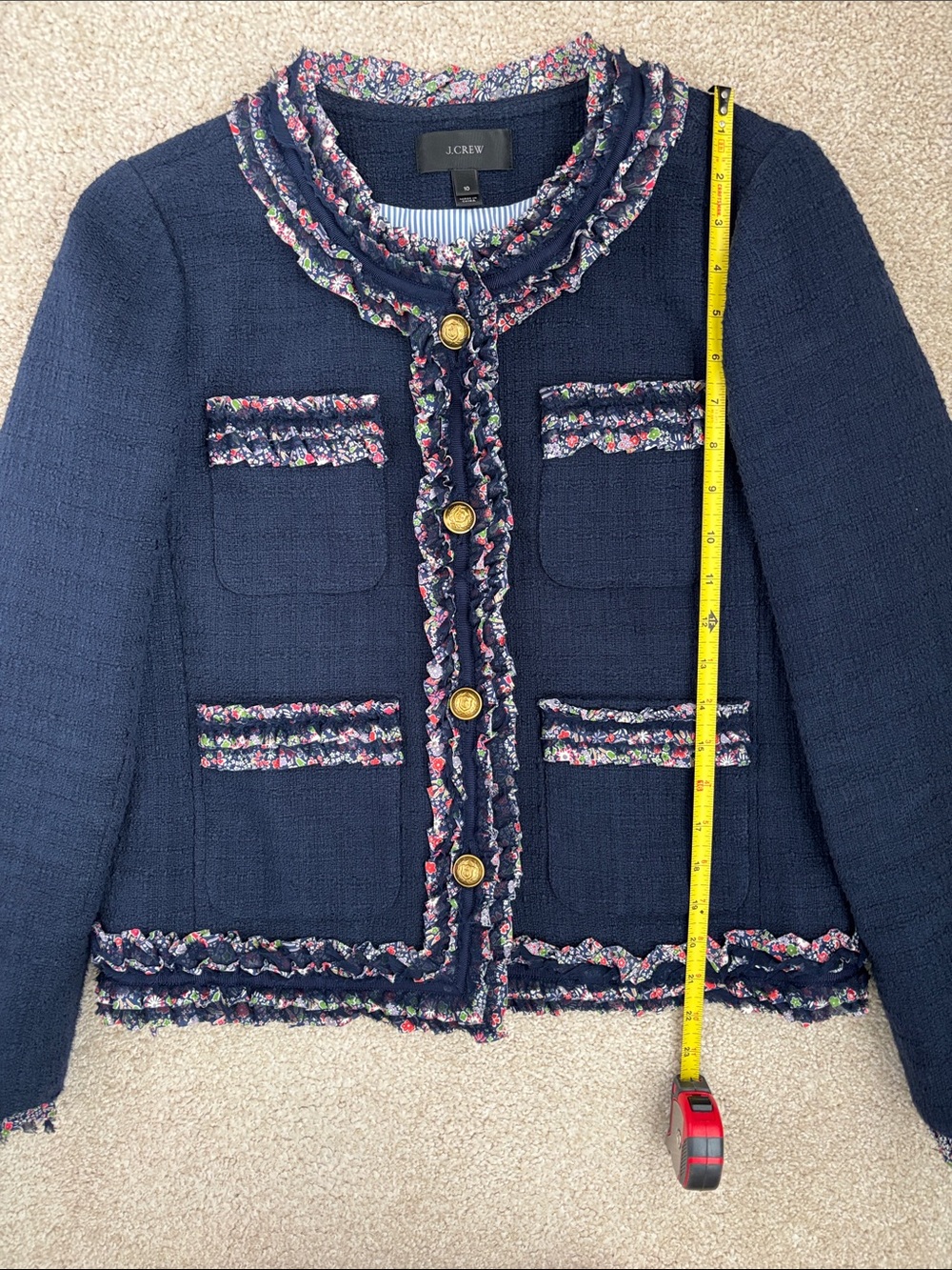 Navy tweed J. Crew Lady Jacket with Liberty floral trim & ruffled edges, size 10 - Picture 7 of 9